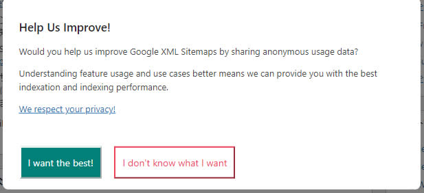 「XML Sitemap」のページに移動すると下記のような画面が表示される場合があります「Help Us lmprove!」