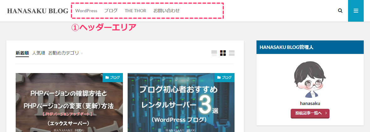 ①ヘッダーエリア (グローバルメニュー)はブログの上部に表示されています