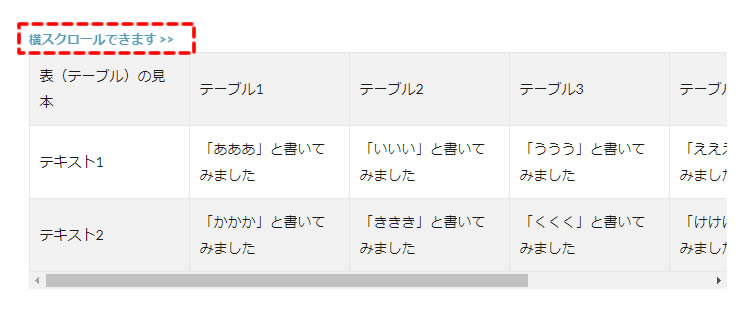 テーブルの上に「横スクロールできます>>」と表示されていれば完了です。