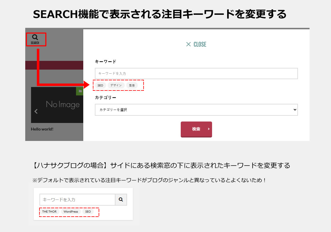 SEARCH機能で表示される注目キーワードの変更